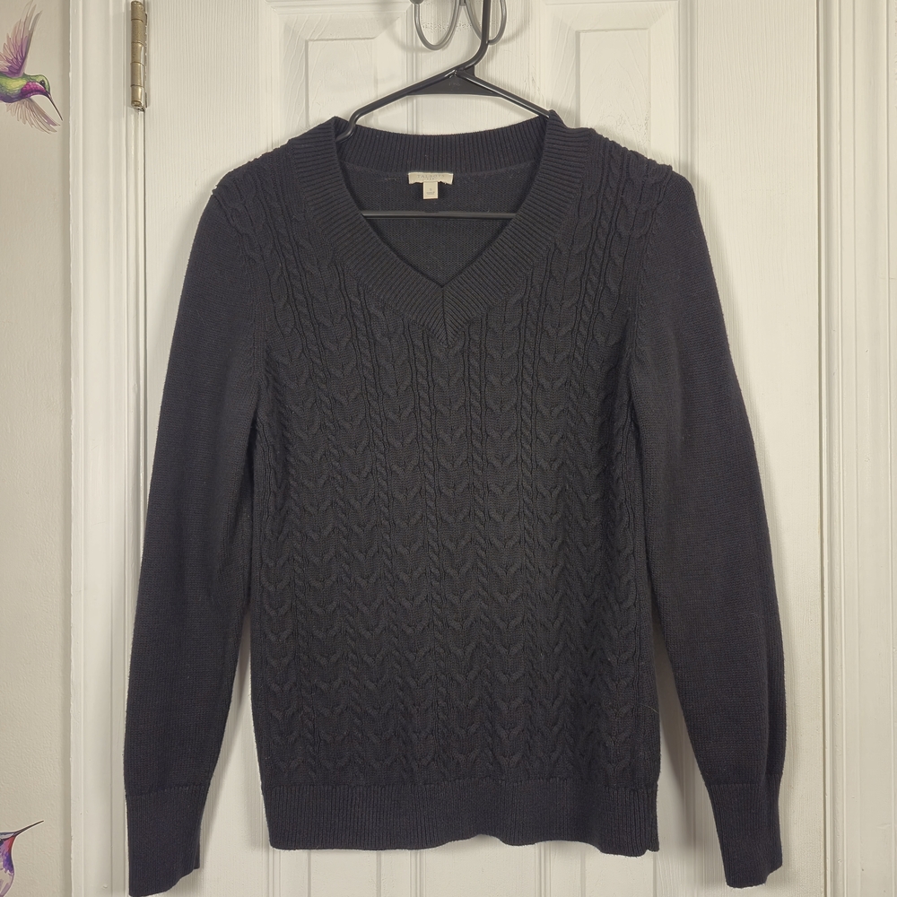 Talbots Black 100% Cotton Cable Knit V-Neck Sweater Size Small